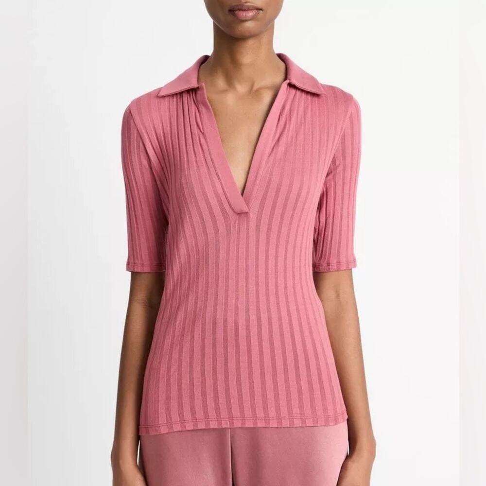NEW Vince Elbow Sleeve Polo Shirt Womens XL Peony Wood Ribbed Cotton Casual Top